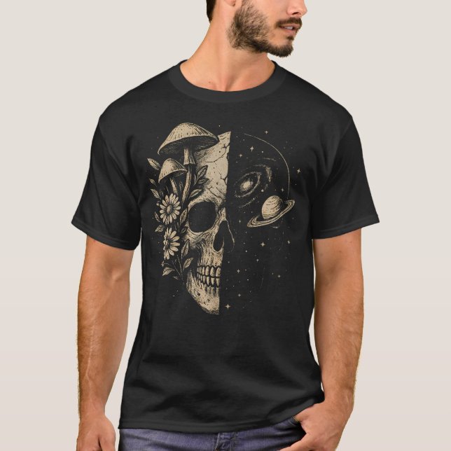 Camiseta Flores de Cogumelo da Galáxia do Crânio Cosmos Est (Frente)