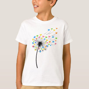 Camiseta Flores de dente-de-leão de pássaros coloridos voan