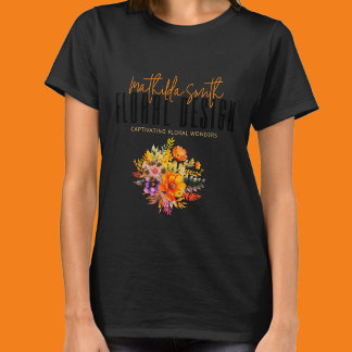 Camiseta Flores de Design preto-e-laranja sofisticadas