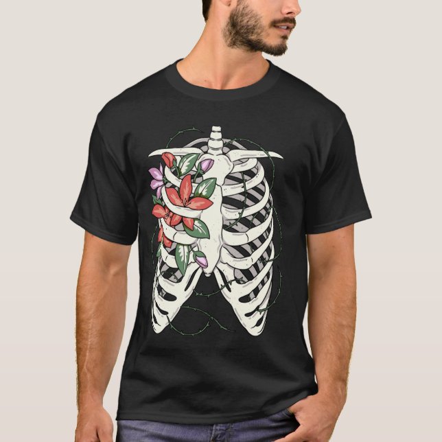 Camiseta Flores de Esqueleto Florescendo Jardim de Caixa To (Frente)