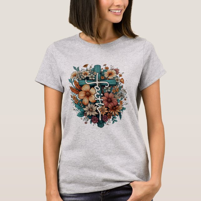 Camiseta Flores de Fé Religiosas Cristãs para Mulheres (Frente)