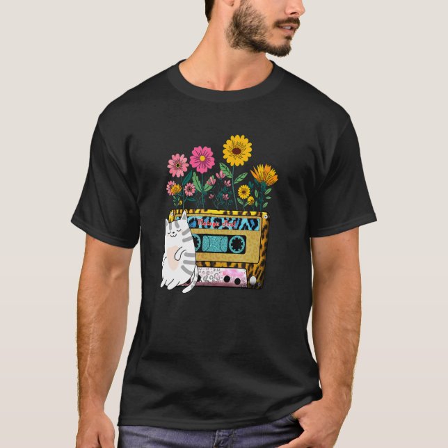 Camiseta Flores de Fita de Cassete de Alma Retroativa Gato  (Frente)