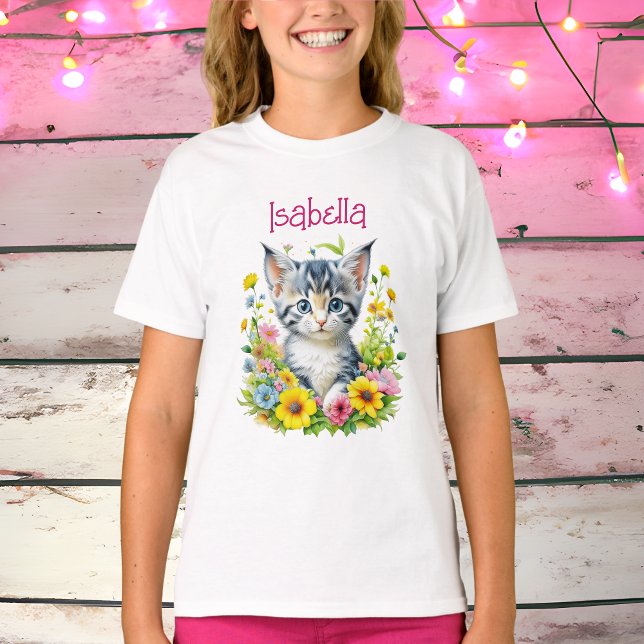 Camiseta Flores de Gatinhos de Aquarelas Personalizadas (Criador carregado)