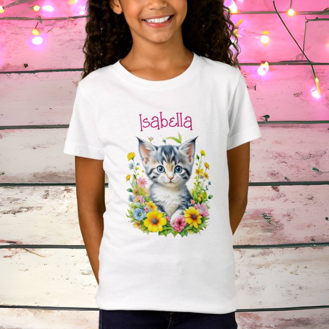 Camiseta Flores de Gatinhos de Aquarelas Personalizadas (Criador carregado)