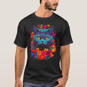 Camiseta Flores de Gato British Shorthair Fofo