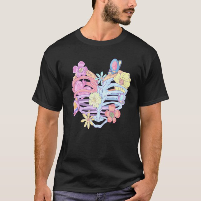 Camiseta Flores de Gótico do Pastel de Ribcage Borboletas (Frente)