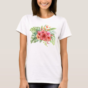 Camiseta Flores de Hibisco Tropical de Aquarela