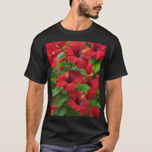 Camiseta Flores De Hibisco Vermelho Vibrantes Com Folhas-43