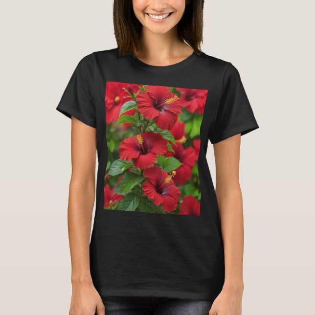 Camiseta Flores De Hibisco Vermelho Vibrantes Com Folhas-43 (Frente)
