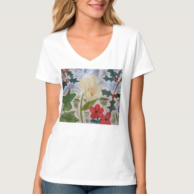 Camiseta Flores de inverno e Holly (Frente)