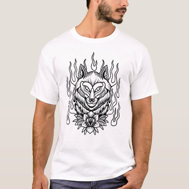 Camiseta Flores de lobo com chamas tatuagem design T-Shirt (Frente)