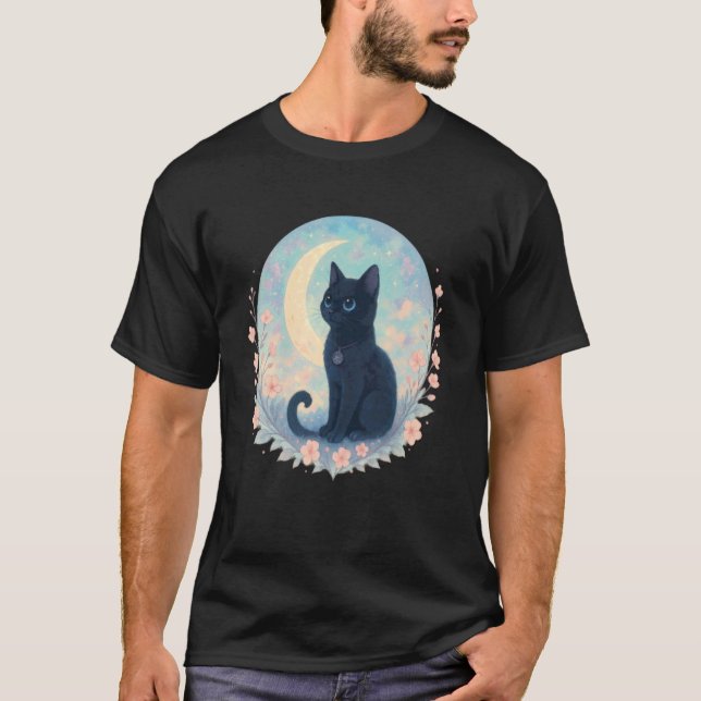 Camiseta Flores de Lua Crescente de Gato Preto Fofo (Frente)