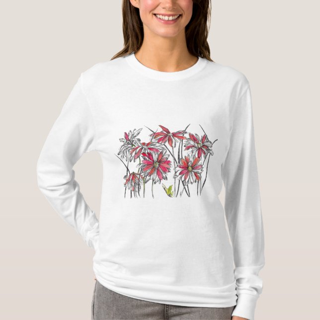 Camiseta Flores De Margarida Pintadas Desenho De Tinta Botâ (Frente)