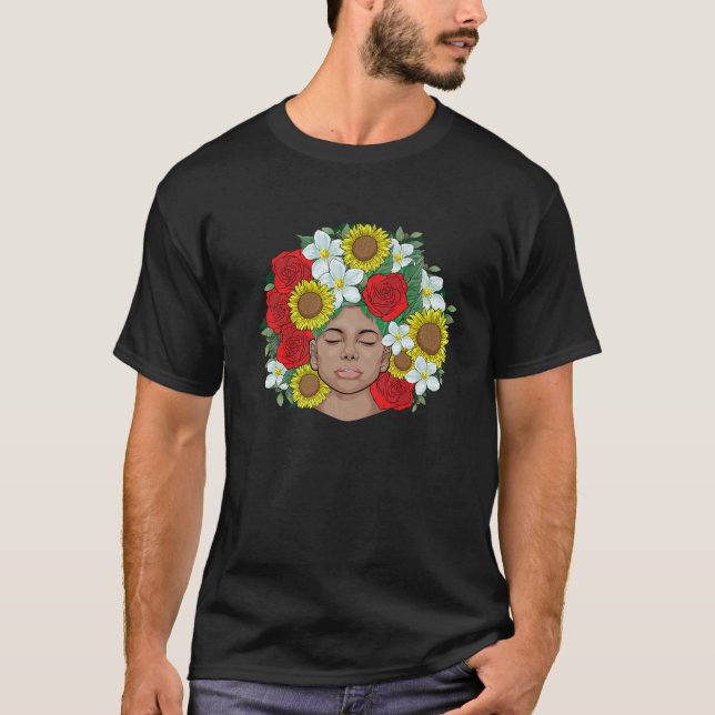 Camiseta Flores de Melanina Orgulhosas Afro-Negra (Frente)