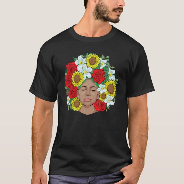 Camiseta Flores de Melanina Orgulhosas Afro-Negra (Frente)