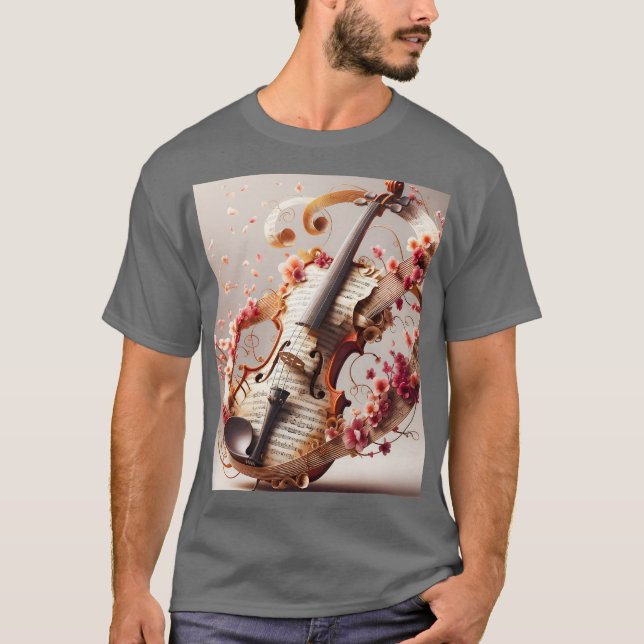Camiseta Flores de Notas de Violino Bonito Fantasy (Frente)