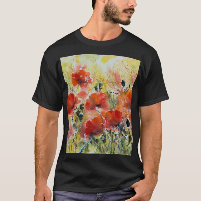 Camiseta Flores de papoila vermelhas, cor d'água macia. (Frente)