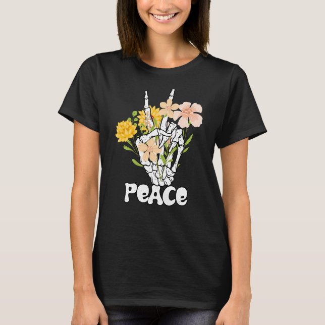 Camiseta Flores De Paz E Sinal De Paz De Esqueleto Retro B (Frente)
