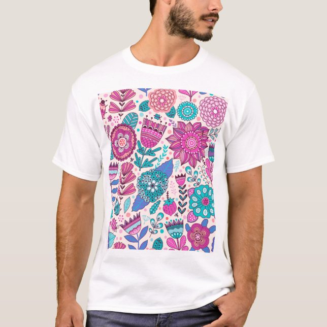 Camiseta Flores de rabisco botânico, textura perfeita e vin (Frente)