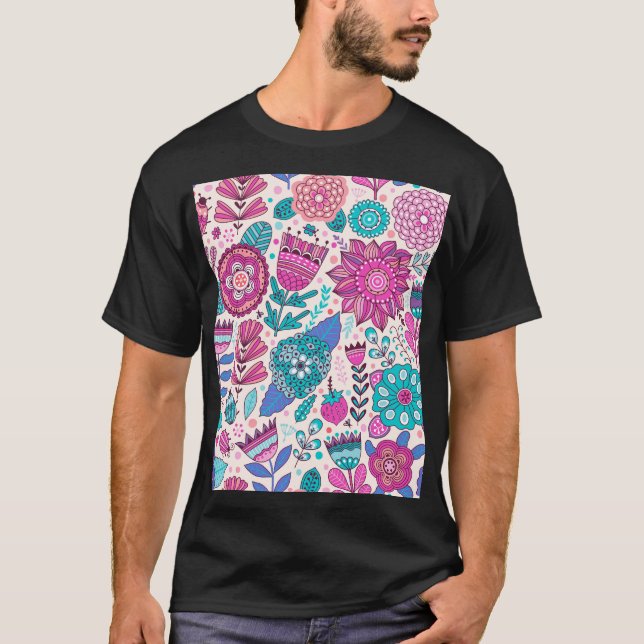 Camiseta Flores de rabisco botânico, textura perfeita e vin (Frente)