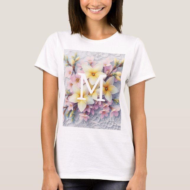 Camiseta Flores de rendas monograma, cor-de-rosa e amarelas (Frente)