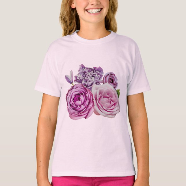 Camiseta Flores de Rosa de Lavanda branca rosa (Frente)