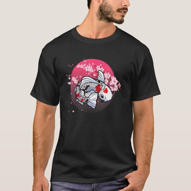 Camiseta Flores de Sakura e Peixes Koi Jardim de Água Zen L (Frente)