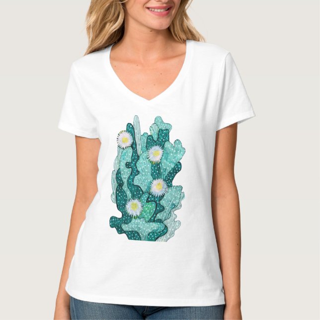 Camiseta Flores De Suculência De Cactus Flores Turquesa Flo (Frente)