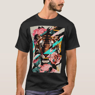 Camiseta Flores de Tigre Flores Grandes Gatos Selvagem Anim