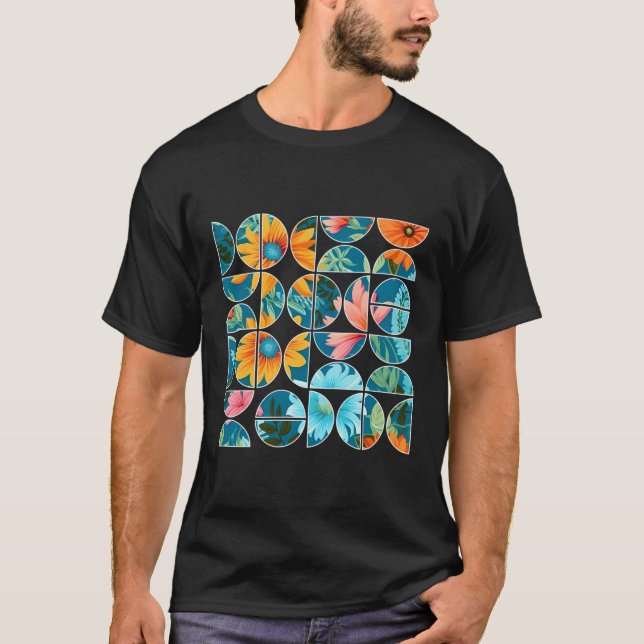 Camiseta Flores De Verão Metade Geométrica Botânica Floral (Frente)