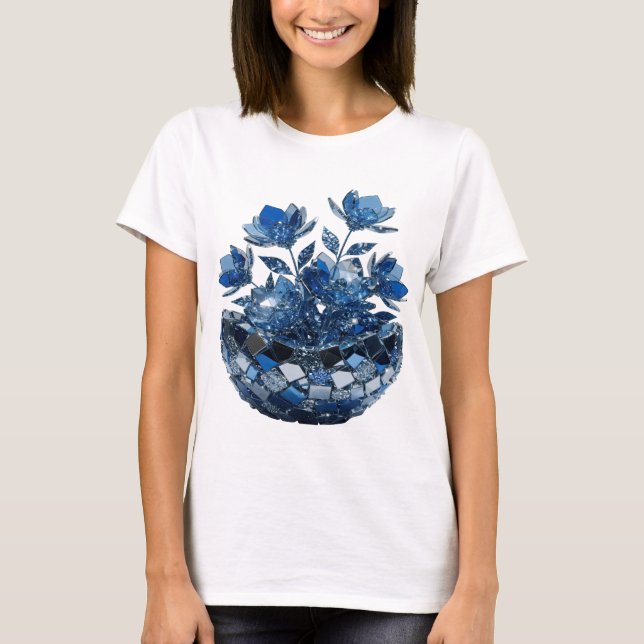 Camiseta Flores de vidro azul prateado impressionante Desig (Frente)