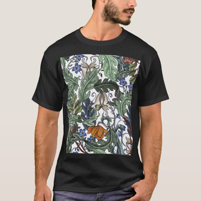 Camiseta Flores, deco de arte, moderno, sem costura. (Frente)