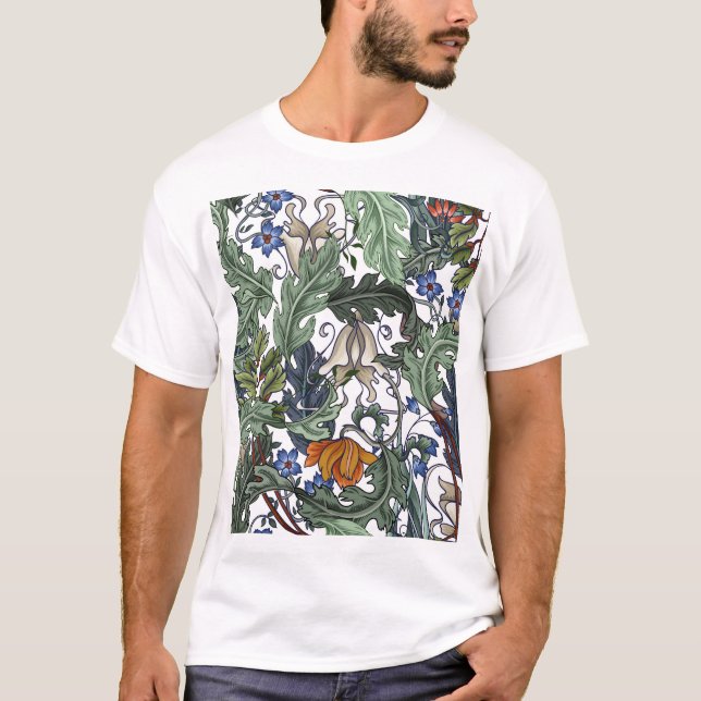Camiseta Flores, deco de arte, moderno, sem costura. (Frente)