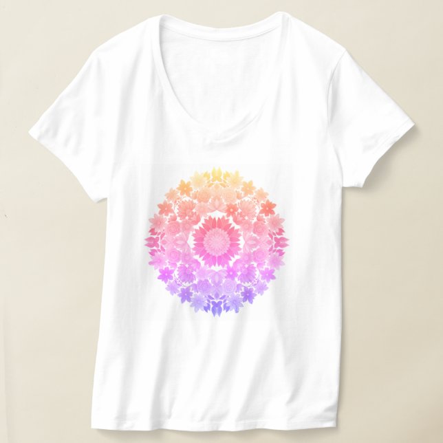 Camiseta Flores do arco-íris Mandala Camisa-V-Pescoço femin (Postura )