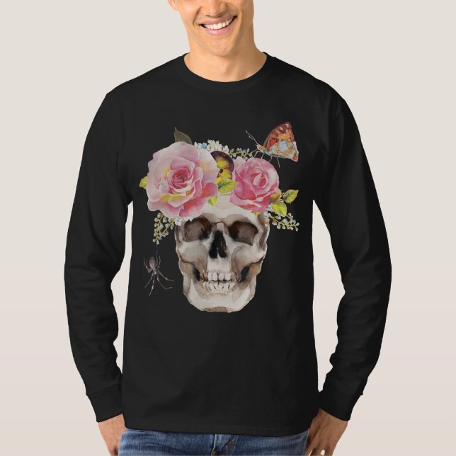 Camiseta Flores do crânio Dão de Halloween da aranha-borbol (Frente)
