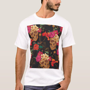 Camiseta Flores Do Crânio: Fundo Escuro Sem Olhos.