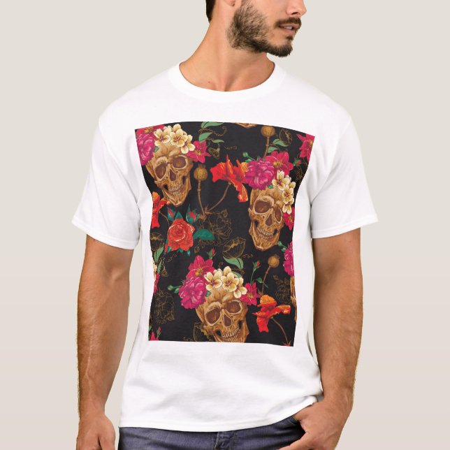 Camiseta Flores Do Crânio: Fundo Escuro Sem Olhos. (Frente)