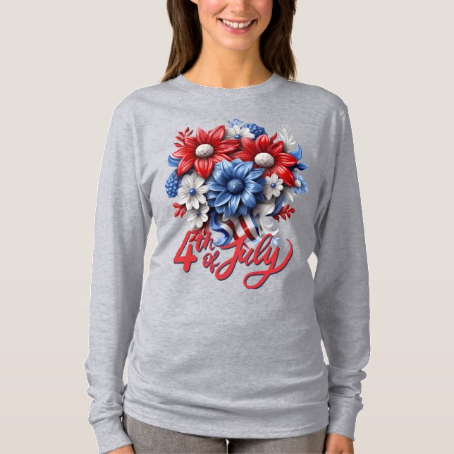 Camiseta Flores do Dia 4 de Julho em Vermelho Branco e Azul (Frente)