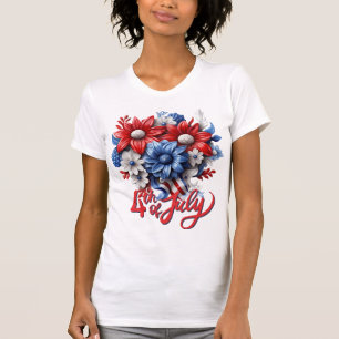 Camiseta Flores do Dia 4 de Julho em Vermelho Branco e Azul