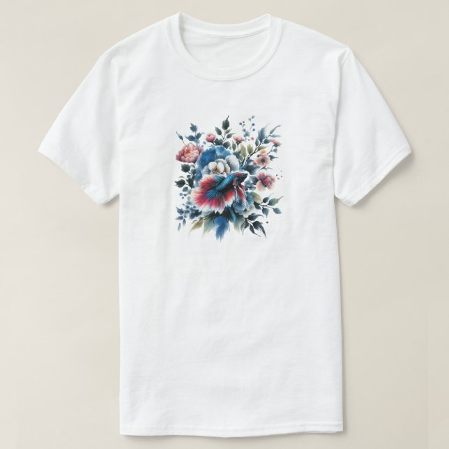 Camiseta Flores do estilo oriental e peixes beta (Frente do Design)