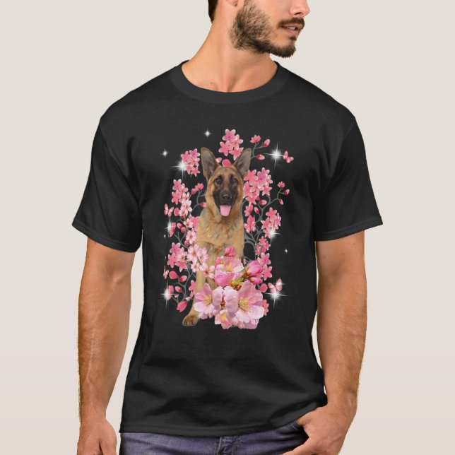 Camiseta Flores do Flor do Flor da Cereja german shepherd (Frente)