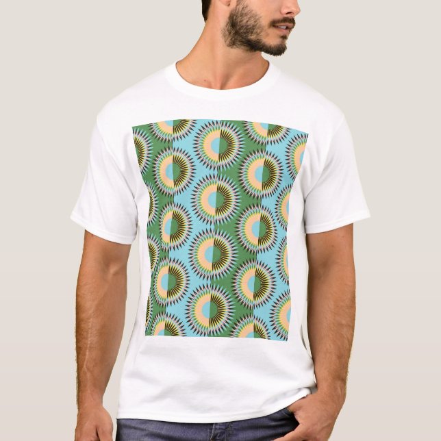 Camiseta Flores dobradas: padrão retroazul-verde. (Frente)