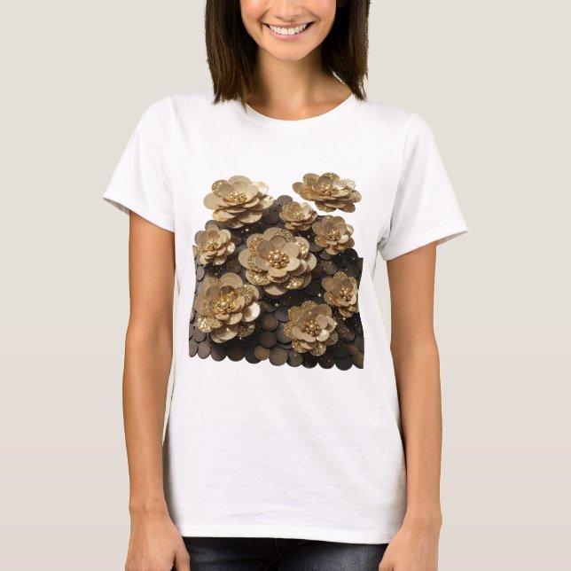 Camiseta Flores Douradas Prateadas Espirituosas Design (Frente)