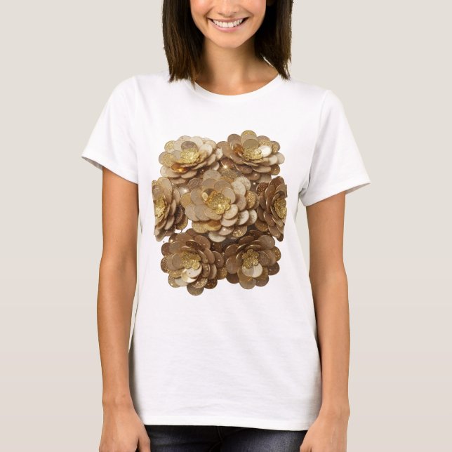 Camiseta Flores Douradas Prateadas Frescas Design de Texto (Frente)