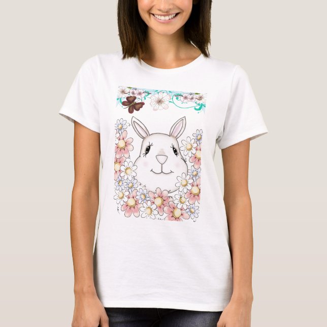 Camiseta Flores e Borboletas de Coelho Bonito (Frente)