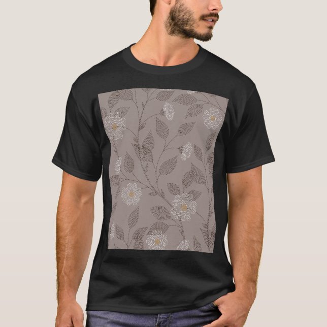 Camiseta Flores e folhas bordadas, design sem costura. (Frente)