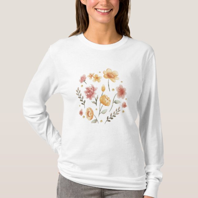 Camiseta Flores e folhas de cor d'água (Frente)