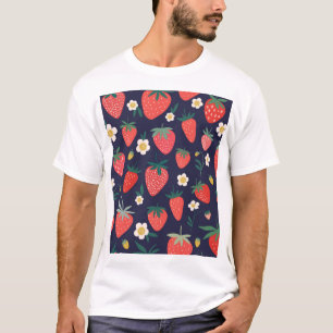 Camiseta Flores e Frutas de morango: Padrão Decorativo