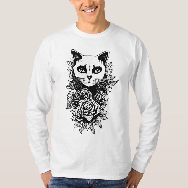 Camiseta Flores E Gatos Góticos (Frente)