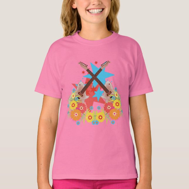 Camiseta Flores e guitarras rosadas (Frente)